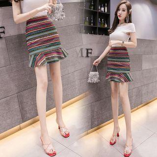 Patterned Ruffle Hem Mini Pencil Skirt