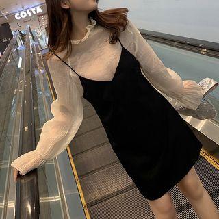 Set: Bell-sleeve Chiffon Top + Spaghetti Strap Mini Dress Black - One Size