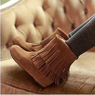 Faux Suede Double-fringes Wedges Ankle Booties