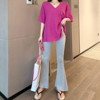 Elbow-sleeve Plain T-shirt / Boot-cut Pants