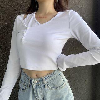 Long-sleeve Irregular Buttoned Cutout Crop Top