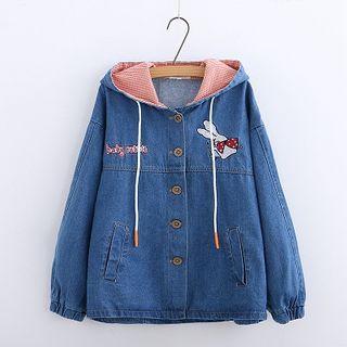 Tie-neck Shirt / Embroidered Hooded Denim Jacket / Set