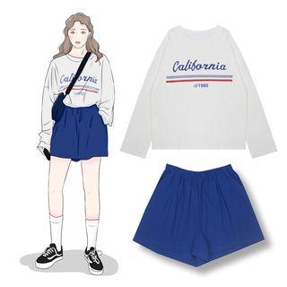Print Long-sleeve T-shirt / Plain Shorts