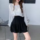 Striped Long-sleeve T-shirt / Ruffle Hem Mini A-line Skirt