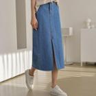 Asymmetric Slit Long Denim Skirt