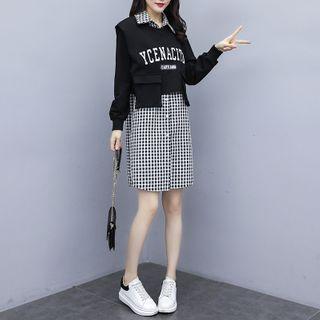 Set: Cropped Lettering Print Sweatshirt + Long-sleeve Check Shirtdress