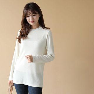 Faux-pearl Beaded Frill-neck T-shirt