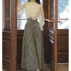 Mock-neck Puff-sleeve Ruffled Blouse / Plaid Midi A-line Skirt