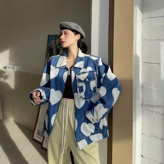 Heart Print Zipped Denim Jacket