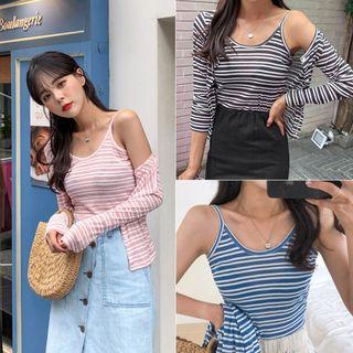 Set: Round-neck Stripe Cardigan + Spaghetti-strap Top