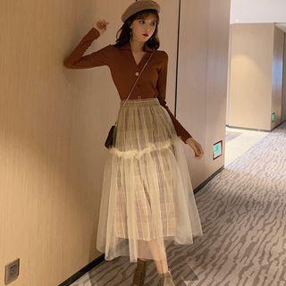 V-neck Long-sleeve Top / Sheer Panel Midi Skirt