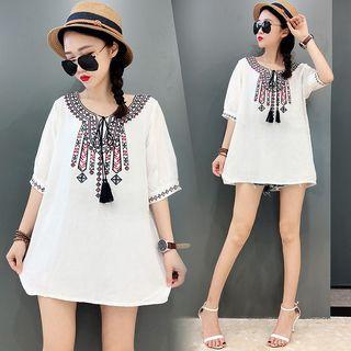 Lace-up Embroidered Elbow-sleeve Top