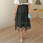 Tiered Tulle-overlay Lace Long Skirt