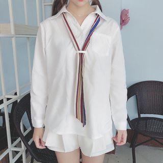 Plain Tab-sleeve Shirt With Striped Neck Tie