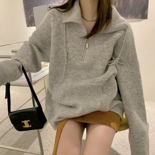 Long-sleeve Half-zip Plain Knit Sweater