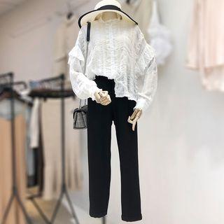 Set: Ruffle Trim Chiffon Blouse + Dress Pants
