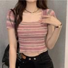 Cap-sleeve Striped Knit Top Stripe - Pink - One Size