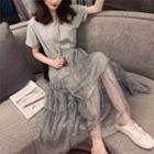 Short-sleeve Sequined Letter Embroidered Midi A-line Dress