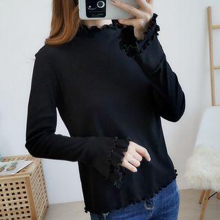 Ruffle Trim Mock-neck Long-sleeve T-shirt