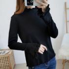 Ruffle Trim Mock-neck Long-sleeve T-shirt