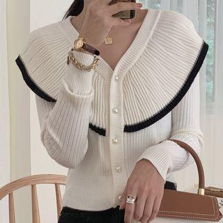 Frilled Peter Pan Collar Contrast Knit Cardigan