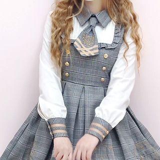 Long-sleeve Plaid Panel A-line Dress / Double Breasted Cape