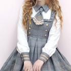 Long-sleeve Plaid Panel A-line Dress / Double Breasted Cape