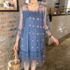 3/4-sleeve Heart Patterned Mesh A-line Dress