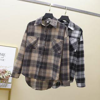 Long-sleeve Plaid Loose Fit Double Pocket Shirt