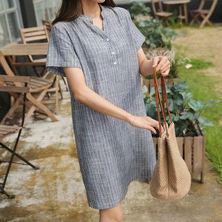 Half-placket Linen Stripe Shirtdress