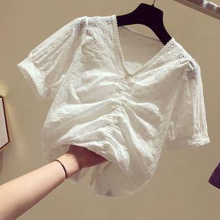 Eyelet Lace Short-sleeve V-neck Drawstring Blouse