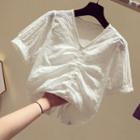Eyelet Lace Short-sleeve V-neck Drawstring Blouse