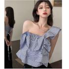 Sleeveless One-shoulder Striped Ruffled Cropped Camisole Top