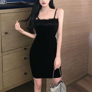 Fluffy Strappy A-line Dress Black - One Size