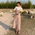 Floral Strappy Midi A-line Dress / Plain Short-sleeve T-shirt