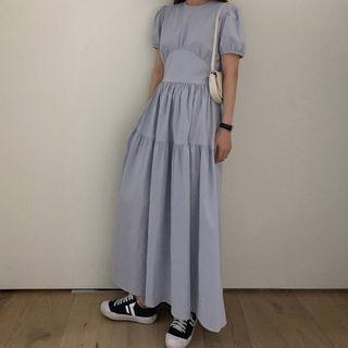 Balloon-sleeve Midi A-line Dress Grayish Blue - One Size