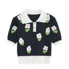 Short-sleeve Collared Floral Knit Top Black - One Size