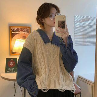 Denim Panel Mock Two-piece Knit Sweater
