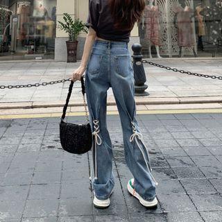 High-waist Lace-up Strap Wide-leg Jeans