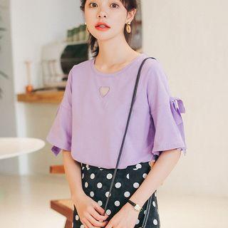 Elbow-sleeve Ribbon Heart Cutout T-shirt