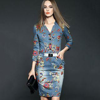 Ruffled Printed Denim Sheath Dress
