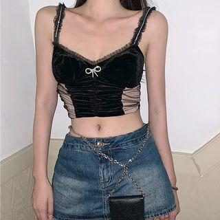 Bow Accent Velvet Cropped Camisole Top Black - One Size