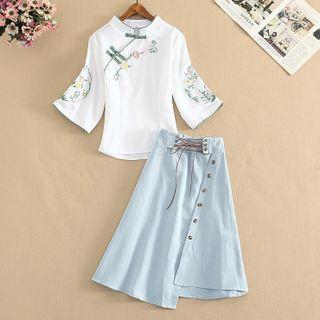 Set: Long-sleeve Mandarin-collar Top + Button-up Midi Skirt