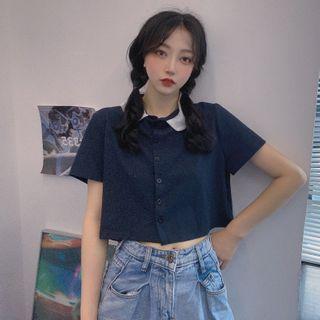 Plain Short-sleeve Shirt Navy Blue - One Size