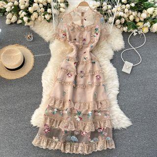 Floral Embroidered Lace Trim Midi A-line Dress