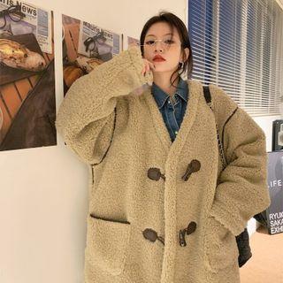 V-neck Fleece Loose-fit Toggle Coat Khaki - One Size