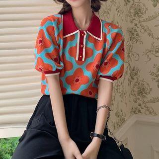 Puff-sleeve Flower Print Knit Top As Shown In Figure - One Size