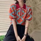 Puff-sleeve Flower Print Knit Top As Shown In Figure - One Size