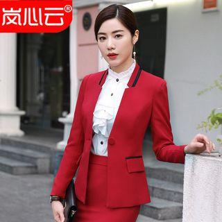 Ruffle-trim Shirt / Slim-fit Blazer / Dress Pants / Mini Pencil Skirt / Set