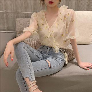 Set: Short-sleeve Chiffon Top + Camisole Top As Shown In Figure - One Size